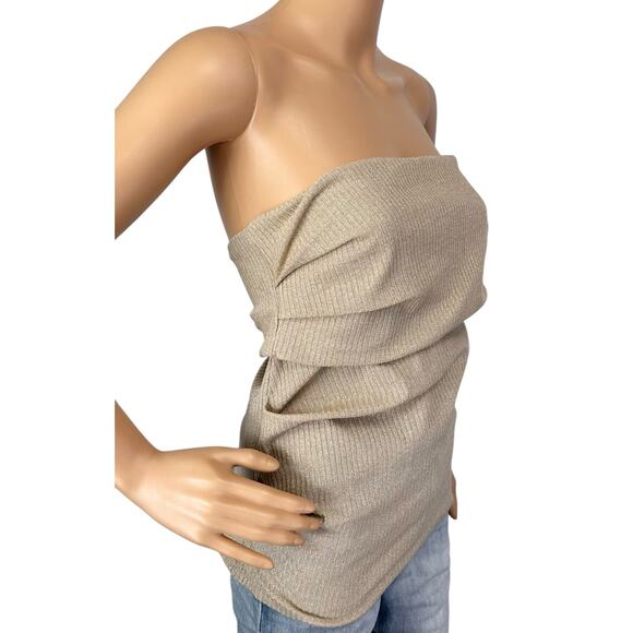 Zara Gold Bandeau Strapless Knit Top Metallic Pleated Side Tube Top Size L - Picture 4 of 10